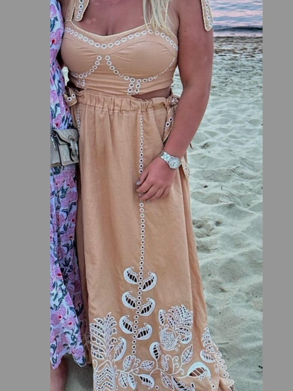 Farm Rio Eyelet Pattern Midi-Dress/sand richilieu sleeveless midi dress - Picture 3 of 5